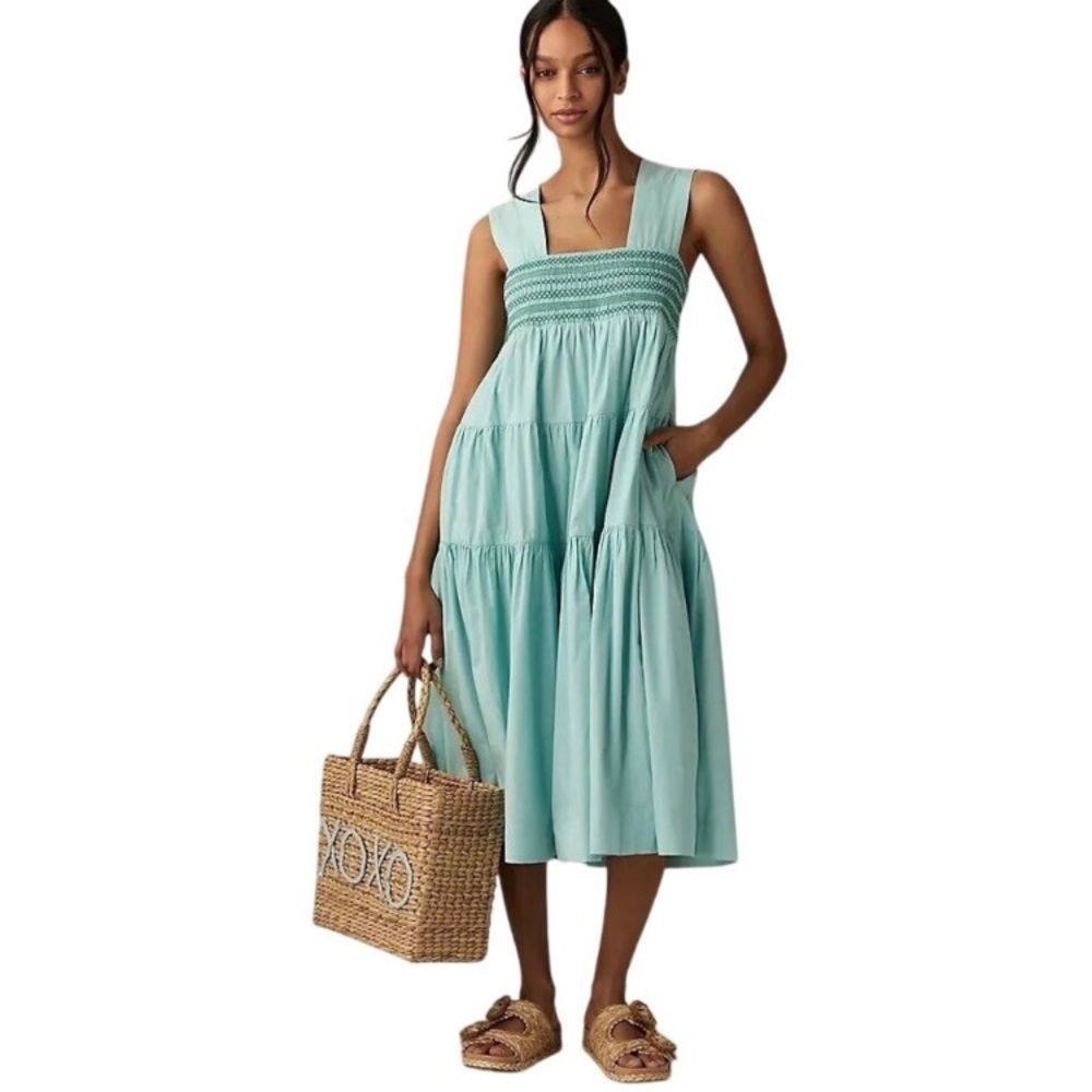 Anthropologie Light Blue Midi Dress - The Helena Square-Neck Tiered Midi Dress